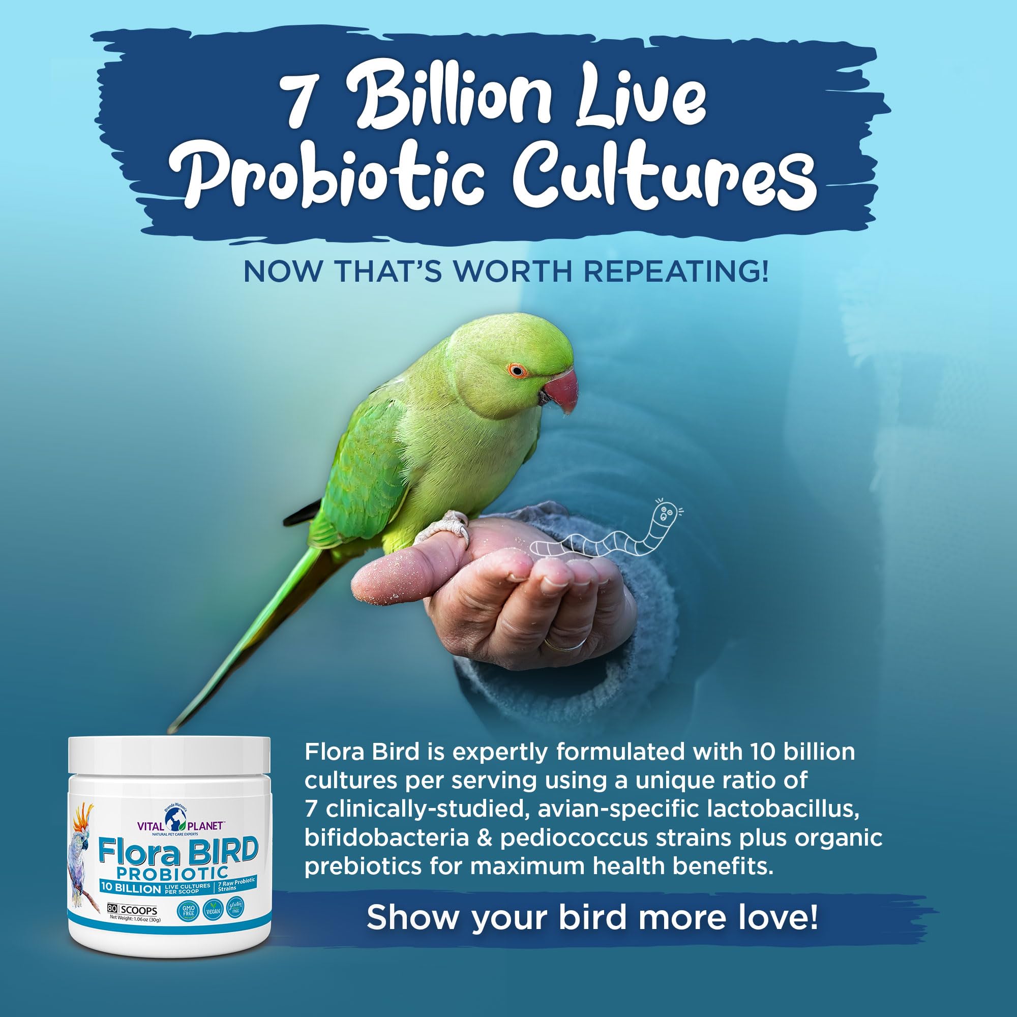 Vital Planet étiquette Flora Bird indiquant souches et qualité certifiée