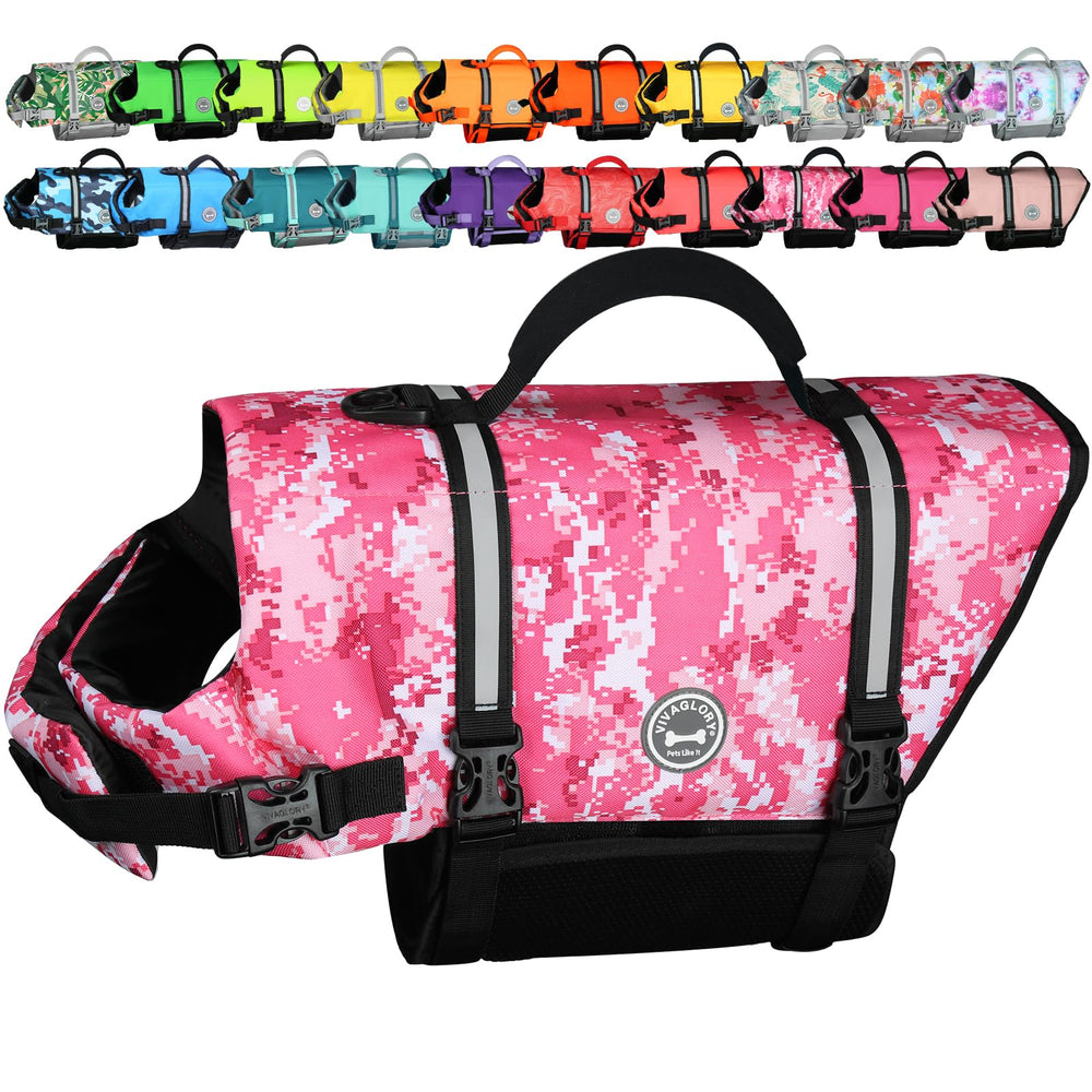VIVAGLORY vue avant du gilet camo pink pour sécurité et flottabilité