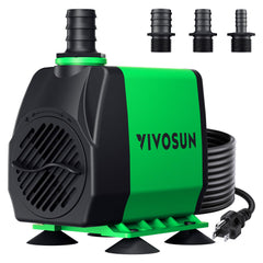 VIVOSUN vue avant de la pompe et emballage montrant compacité et informations produit