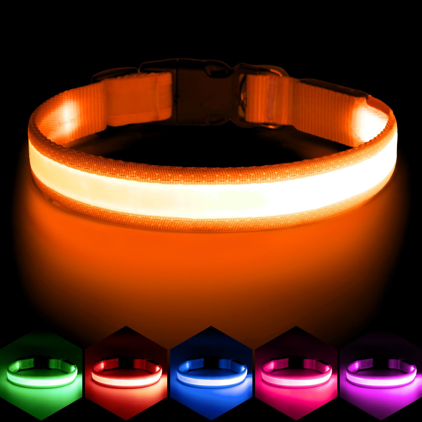 VIZPET collier LED face avant montrant la lumière vive et meilleure visibilité