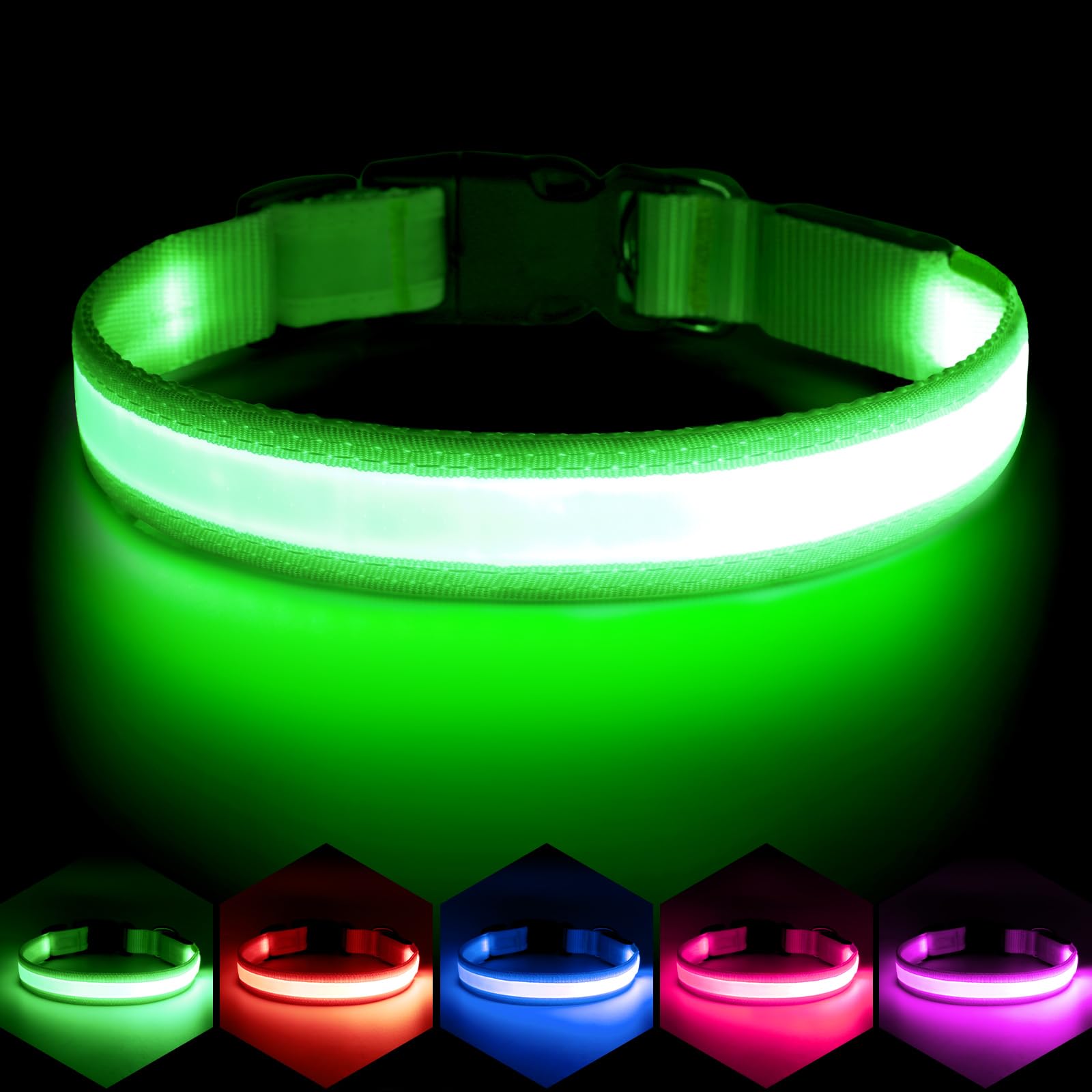 VIZPET collier LED face avant montrant la bande lumineuse et couleur verte pour sécurité