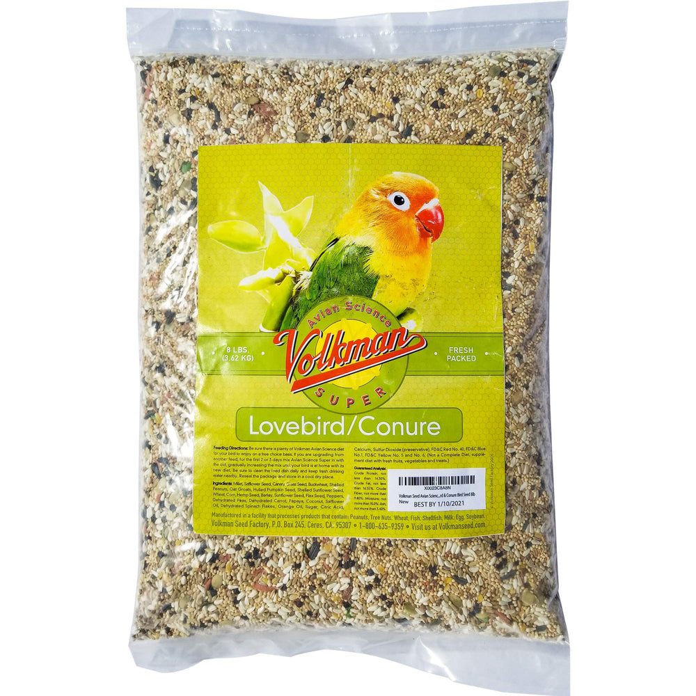 Volkman emballage avant du mélange Lovebird & Conure montrant design et format 8 lb, facile à stocker
