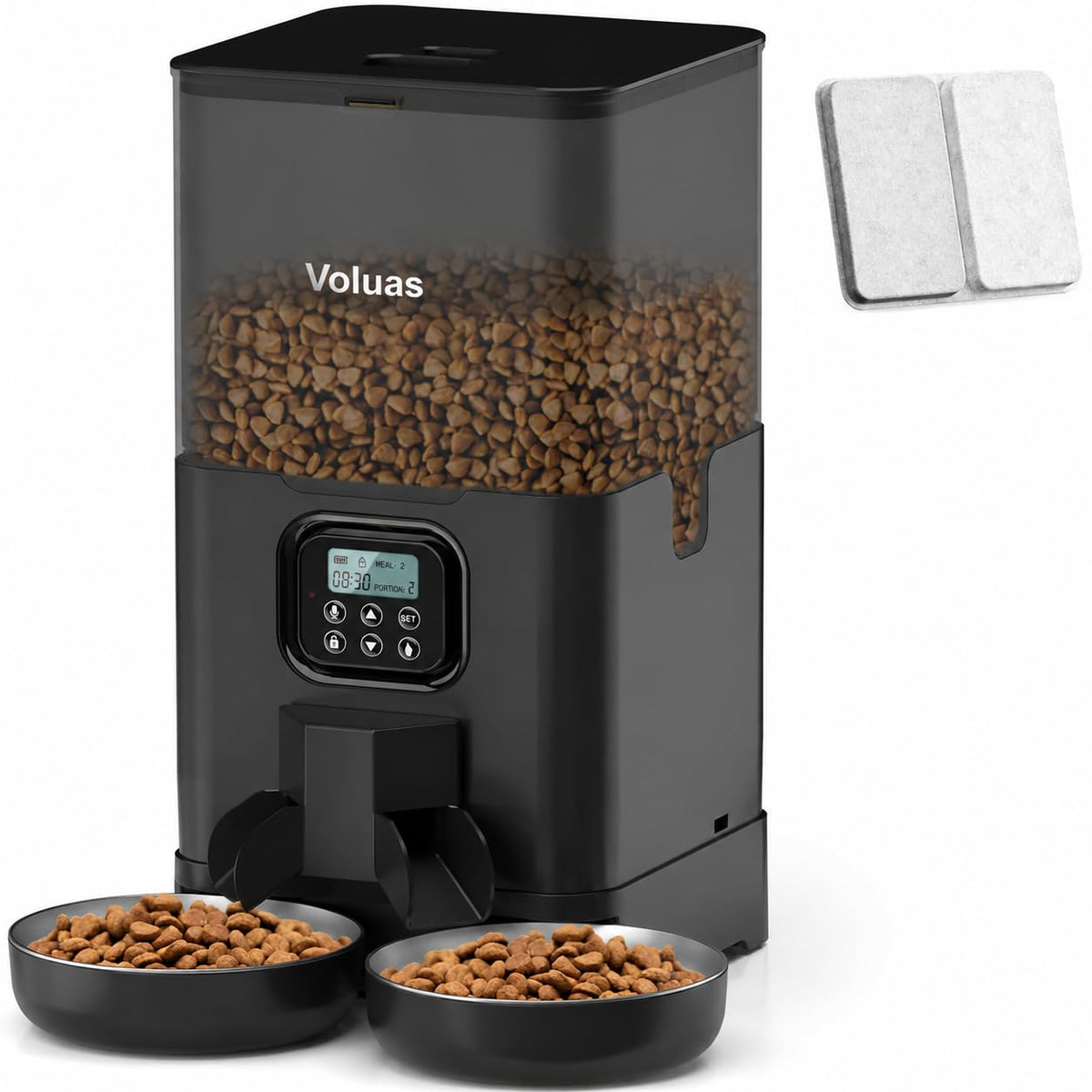 VOLUAS vue avant du distributeur, solution pratique pour repas programmés