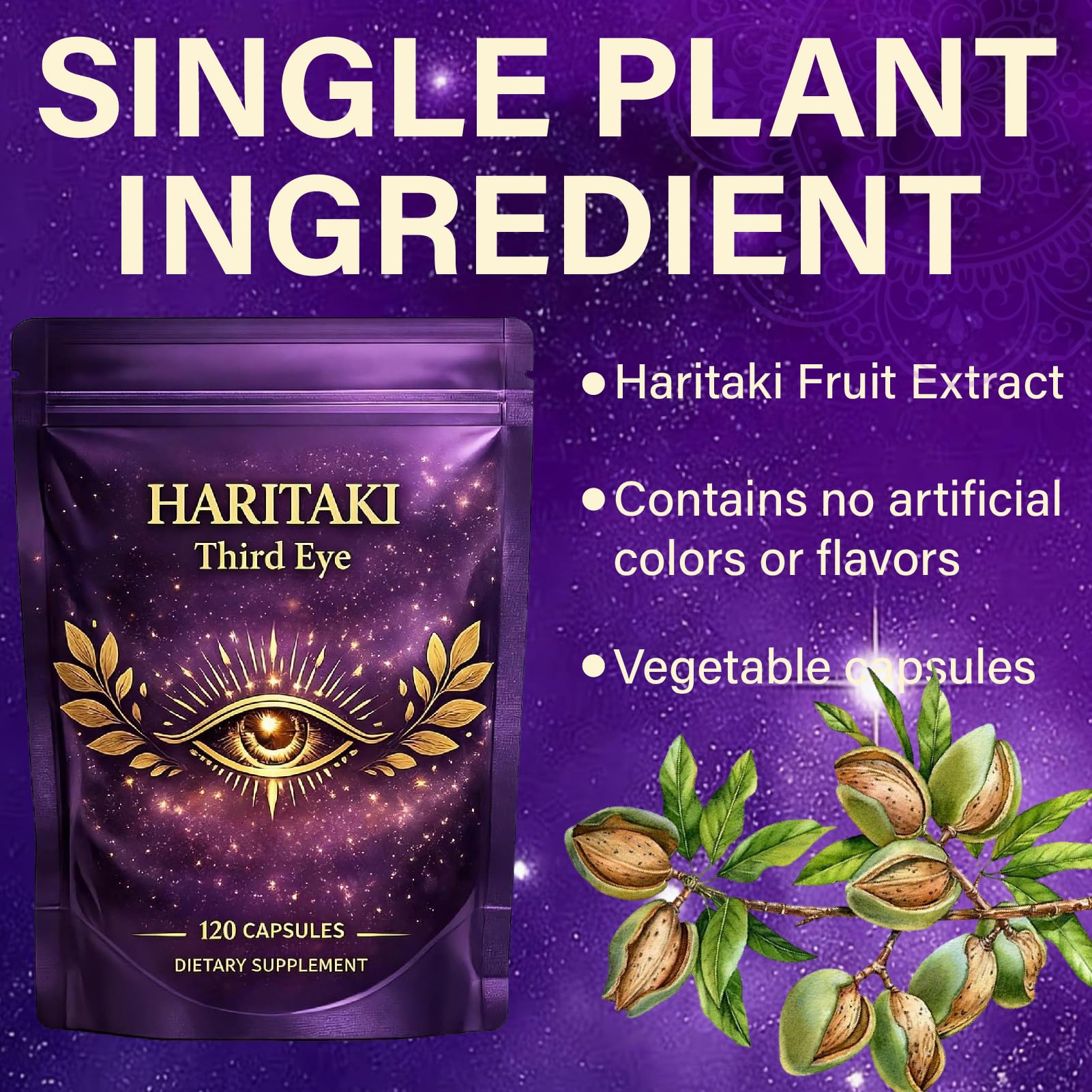 Voluglow Haritaki étiquette détaillée affichant composition propre et allégations
