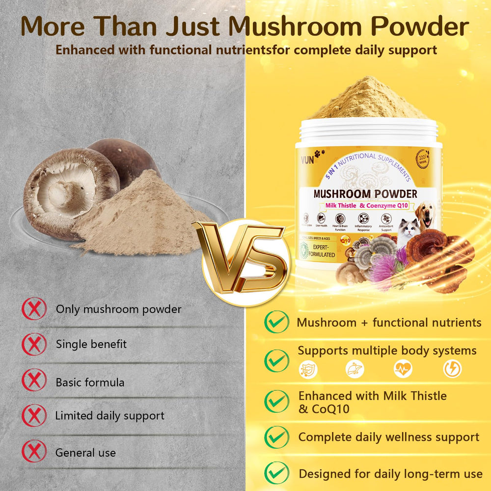 VUN champignons entiers illustrant origine naturelle et nourriture complète