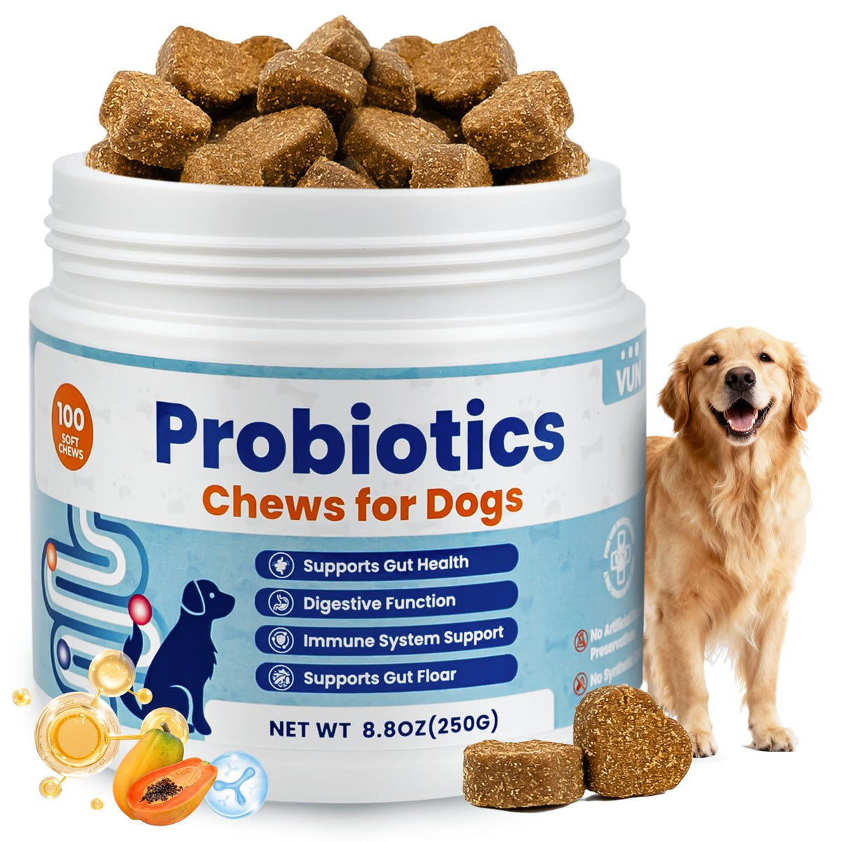 VUN emballage frontal montrant probiotiques pour chiens et bénéfice digestif
