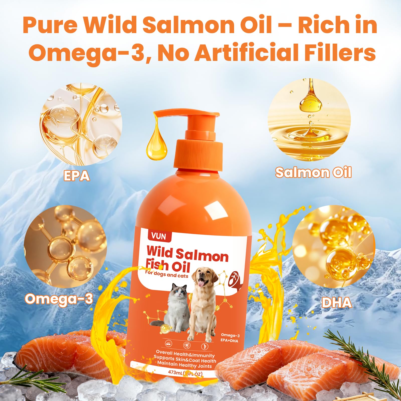 VUN huile de saumon versée sur croquettes pour un repas nutritif