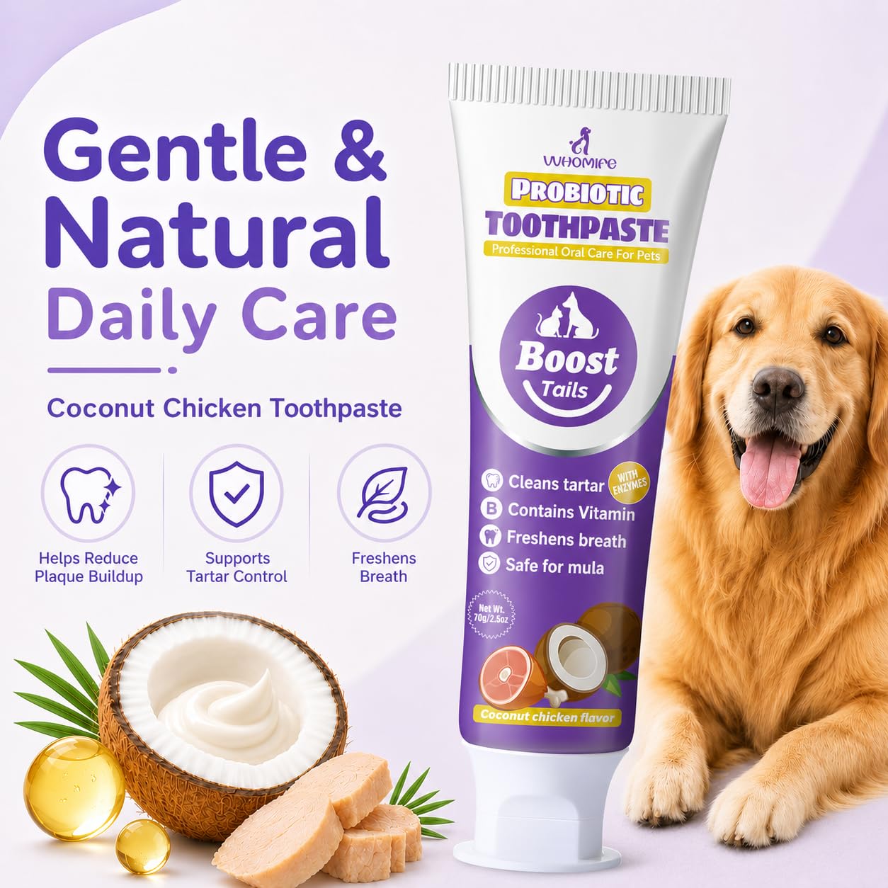 VVHOMIFE tube dentifrice coco-poulet gros plan montrant pâte appétente