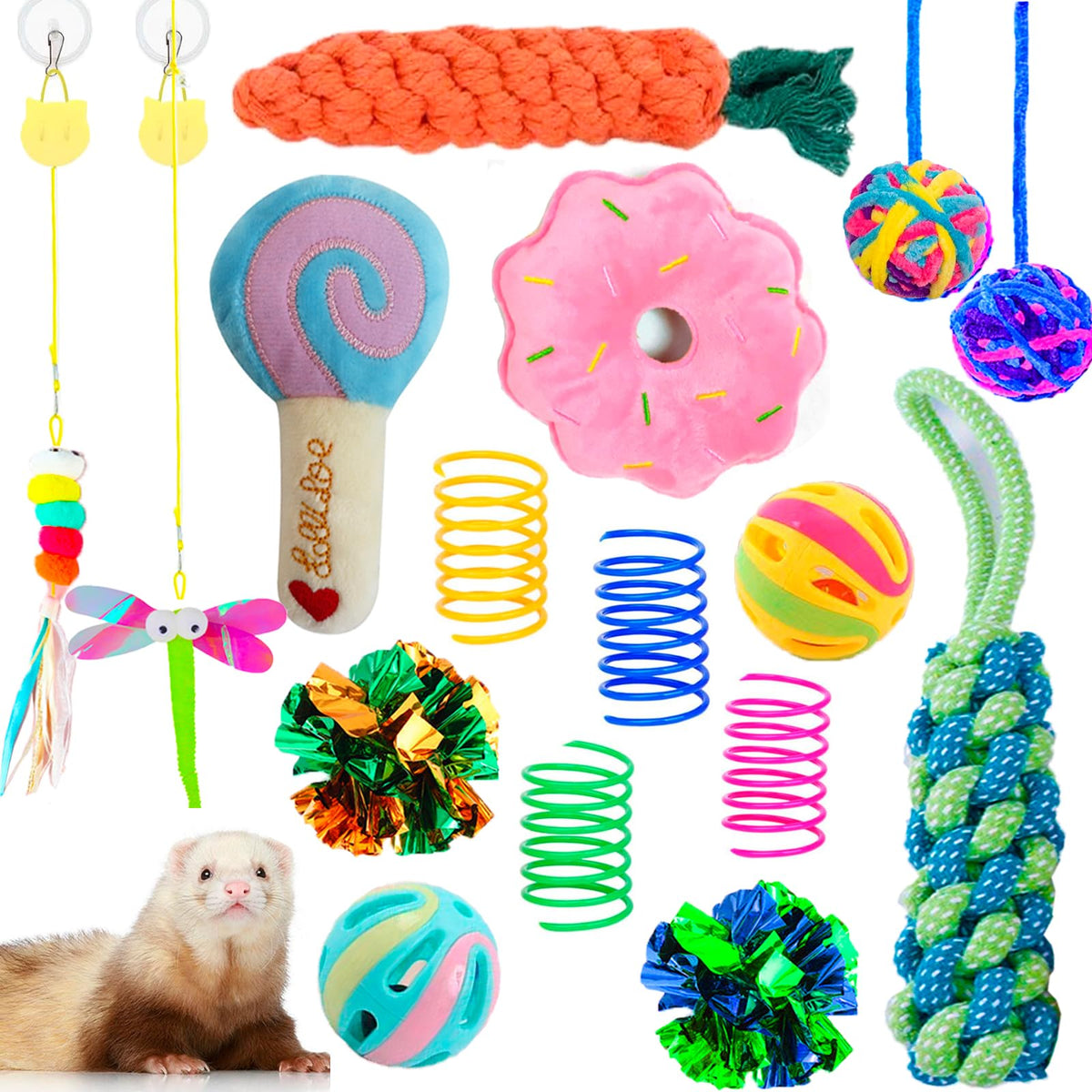 VZqola boîte frontale montrant 16 jouets variés pour stimuler les furets