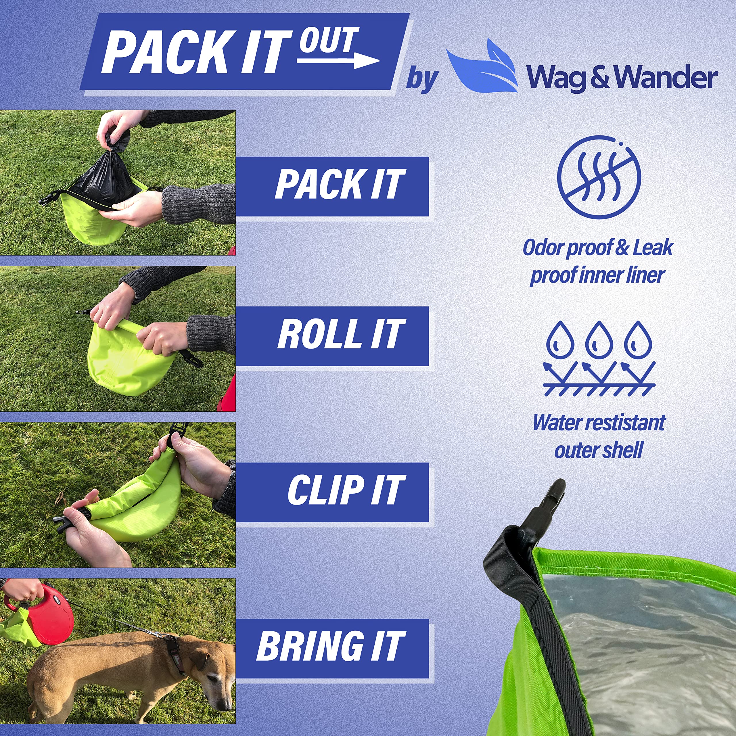 Wag & Wander fixé à une laisse illustrant un transport mains libres pratique