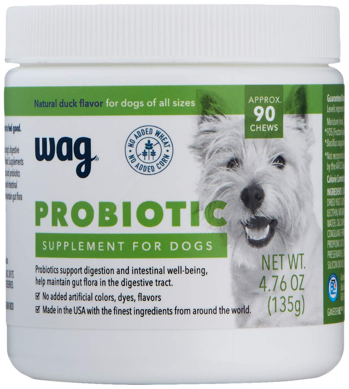 WAG pot de 90 croquettes probiotiques en vue frontale, pratique et dosable