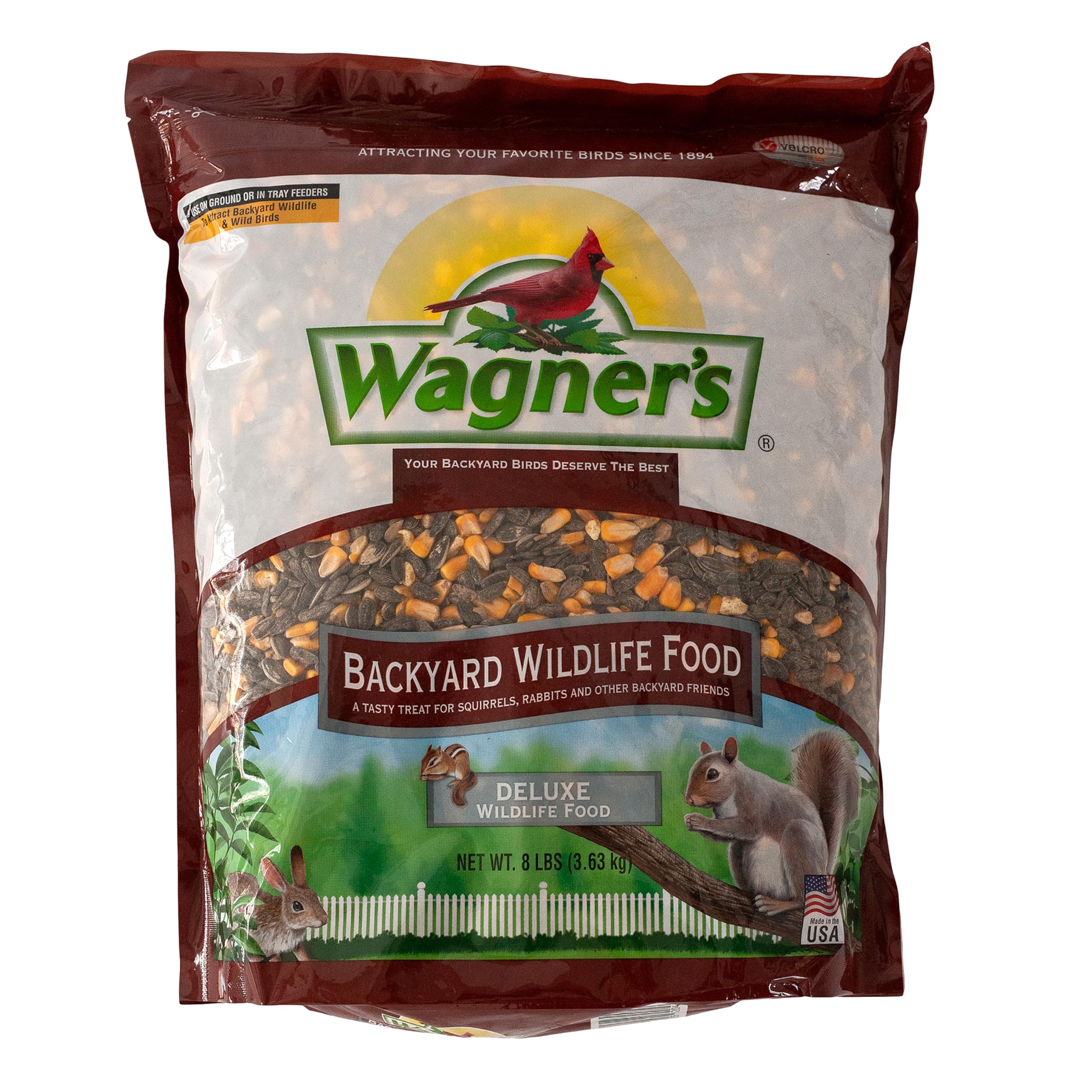 Wagner's sac 8 lb montrant l'emballage et l'identité du produit pour attirer la faune
