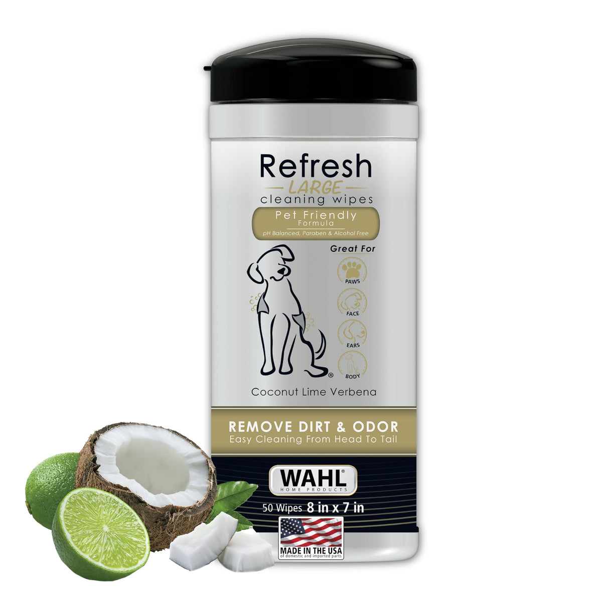 Wahl emballage avant montrant la boîte et le parfum coco lime verbena, pratique
