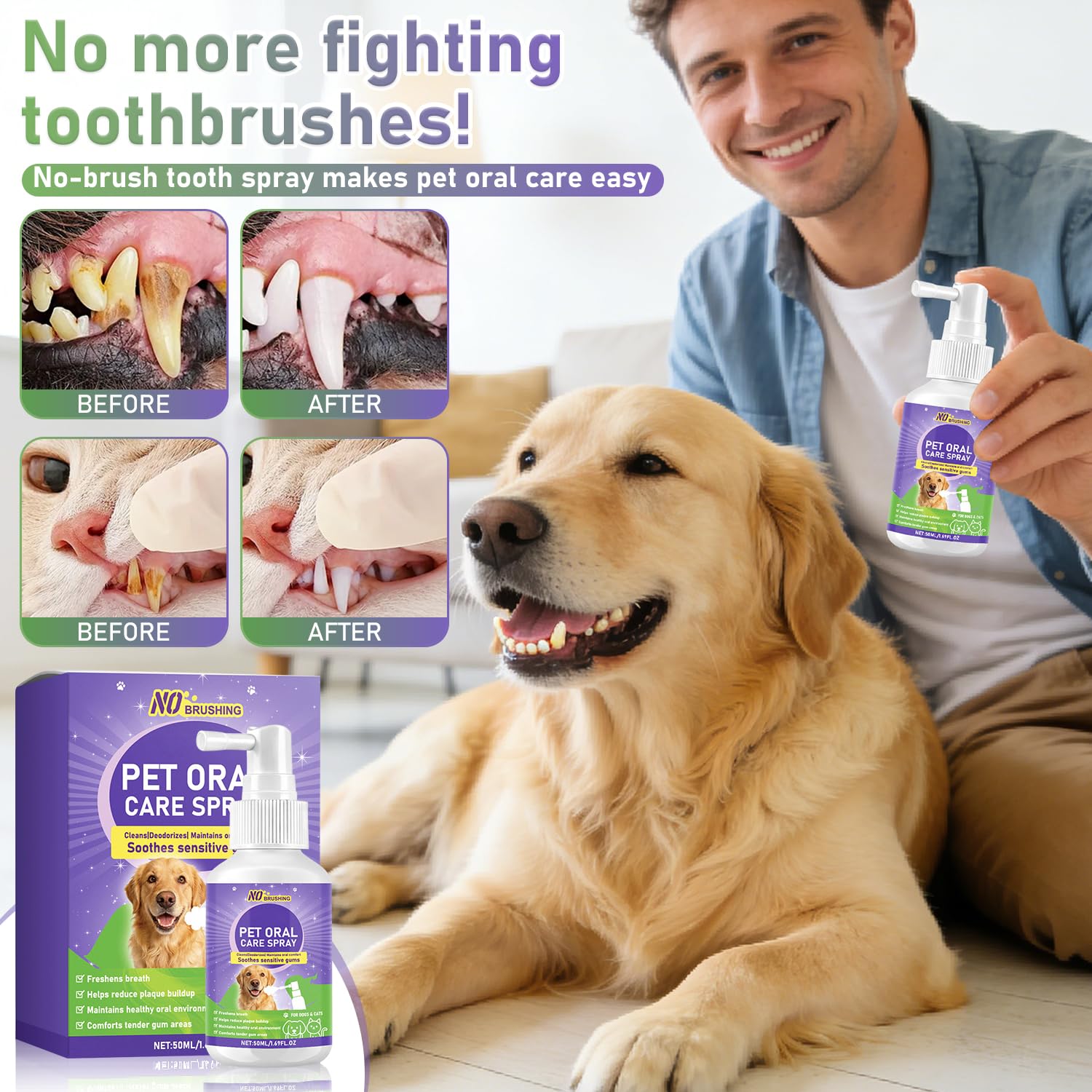 Wanban spray en action sur les dents d'un chien pour réduction de la plaque