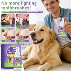 Wanban spray en action sur les dents d'un chien pour réduction de la plaque