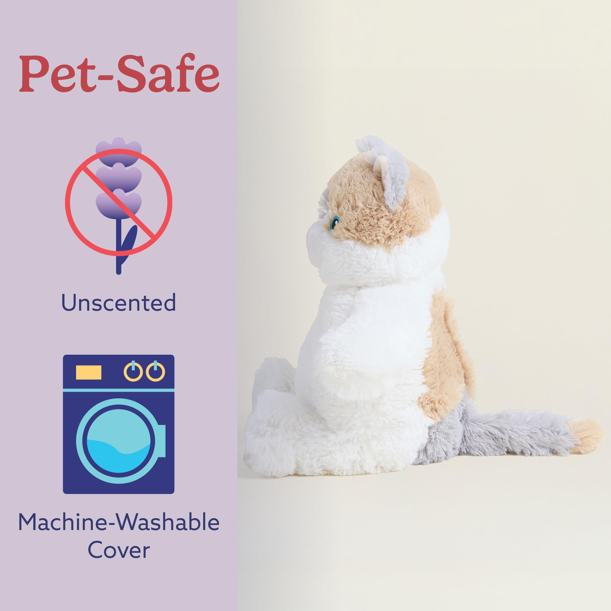 warmies calico cat Hot-Pak retiré, montre le système chauffant sécuritaire