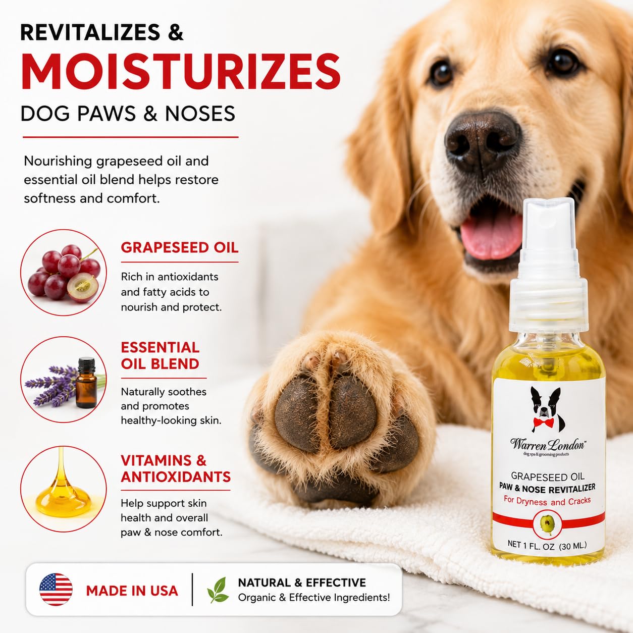 Warren London spray en utilisation sur patte montrant hydratation immédiate