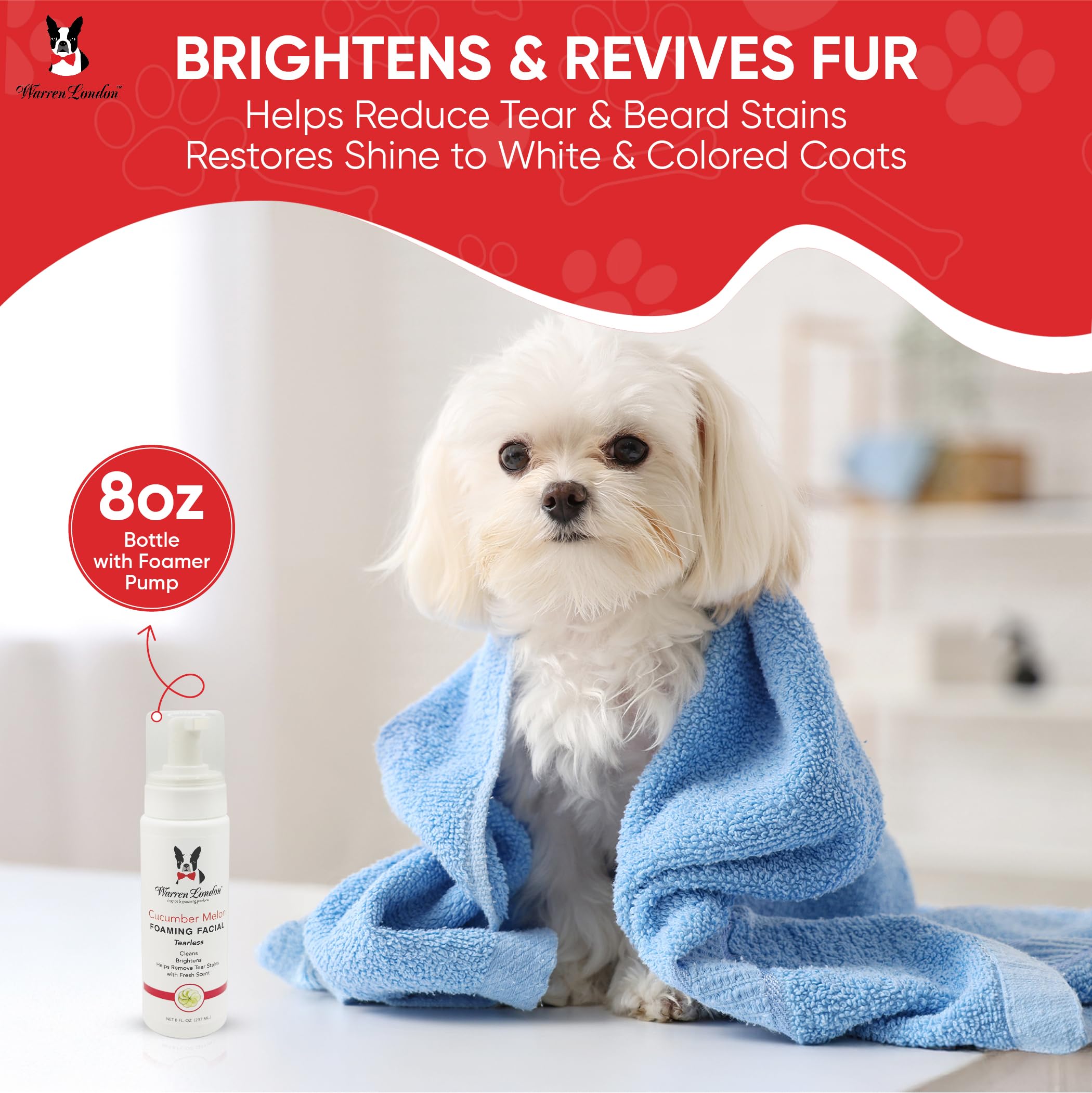 Warren London produit appliqué sur visage de chien pour nettoyage ciblé