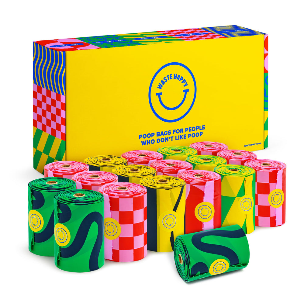 Waste Happy emballage avant montrant 18 rouleaux et grande quantité pratique