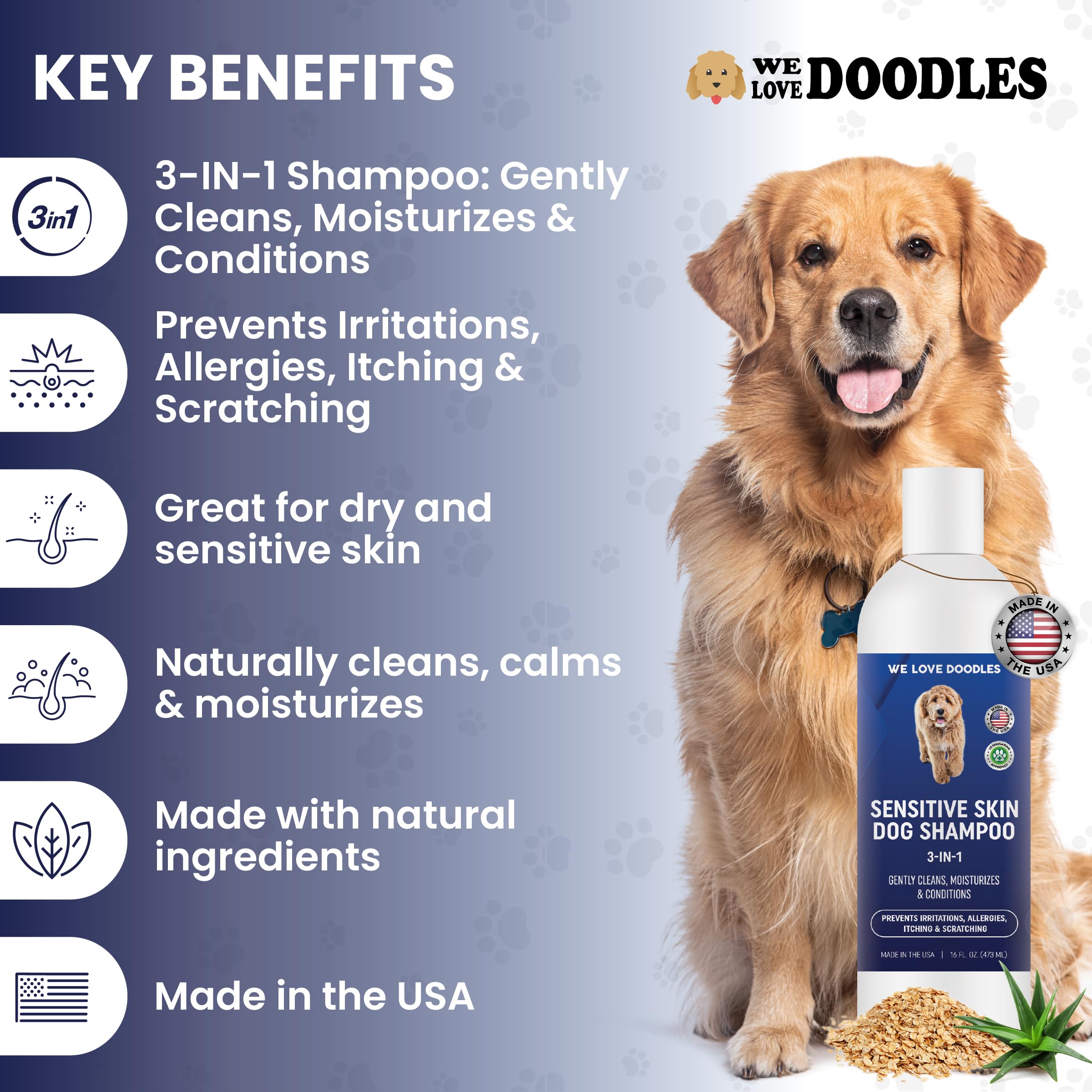 We Love Doodles gros plan étiquette listant avoine et aloe pour confiance
