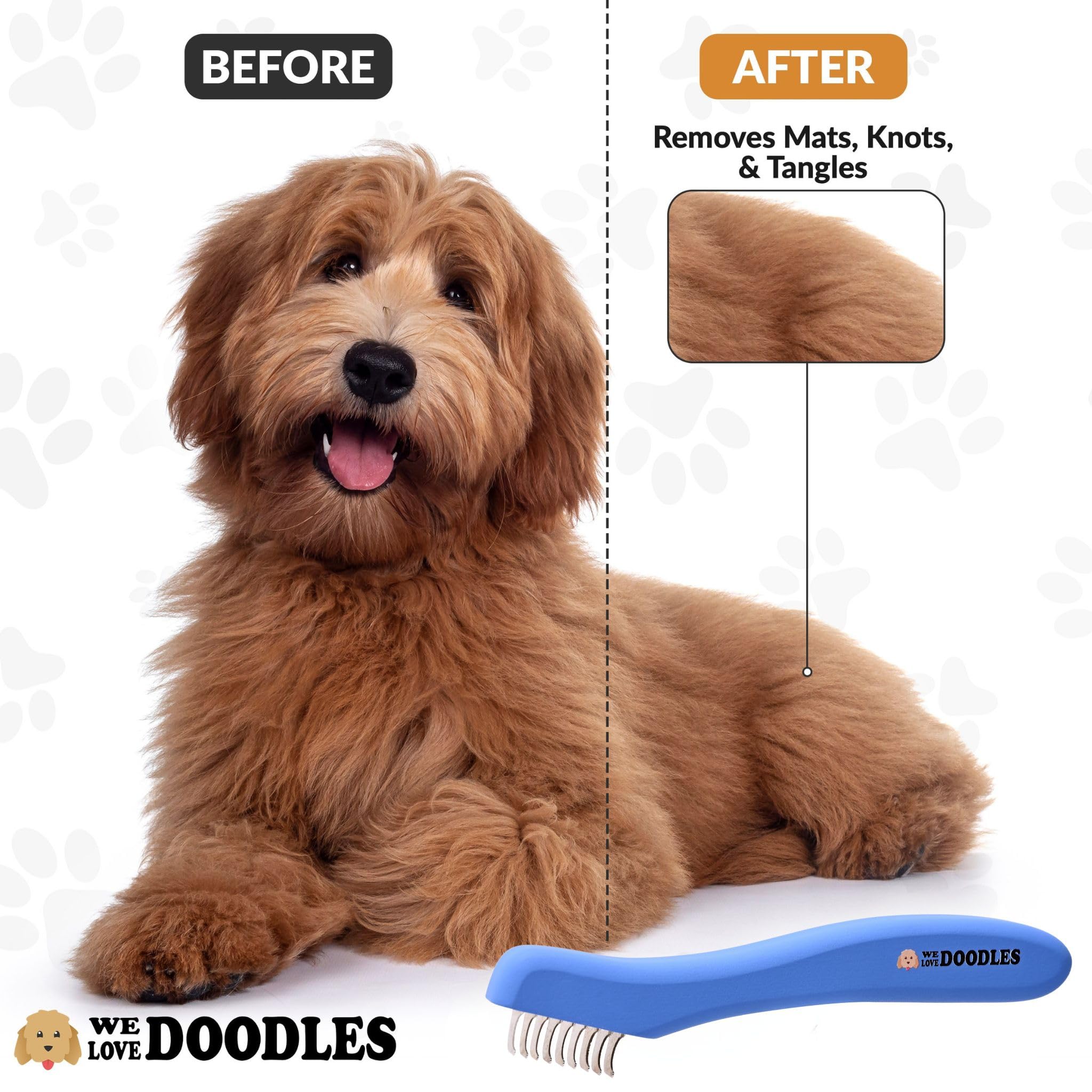 We Love Doodles peigne utilisé sur un chien, réduit nœuds et confort