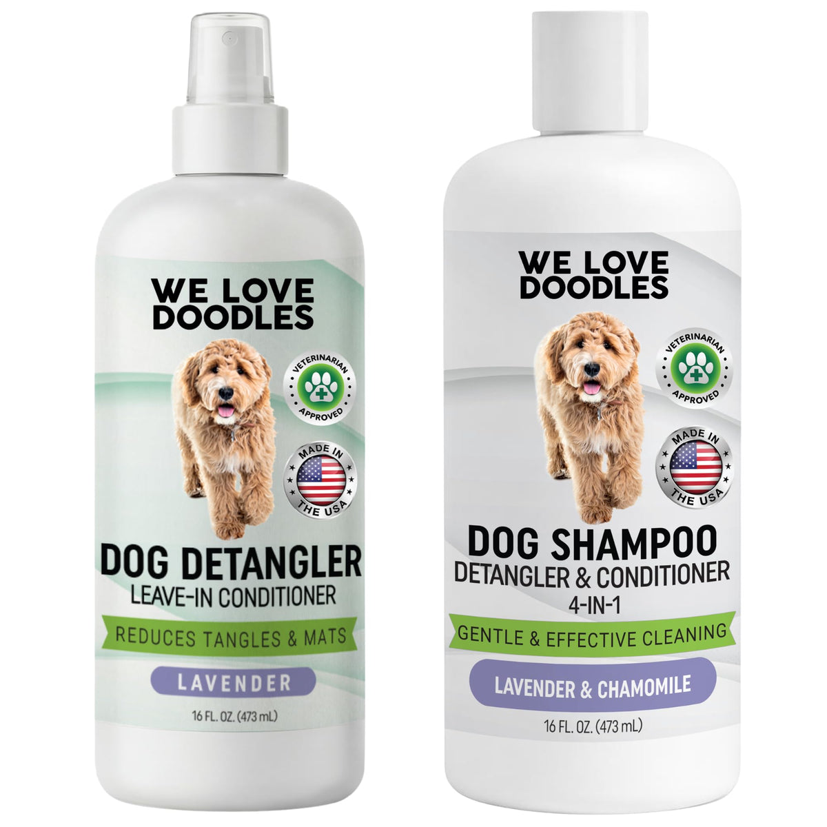 We Love Doodles flacon avant du shampooing démêlant 16oz montrant l’étiquette et format pratique