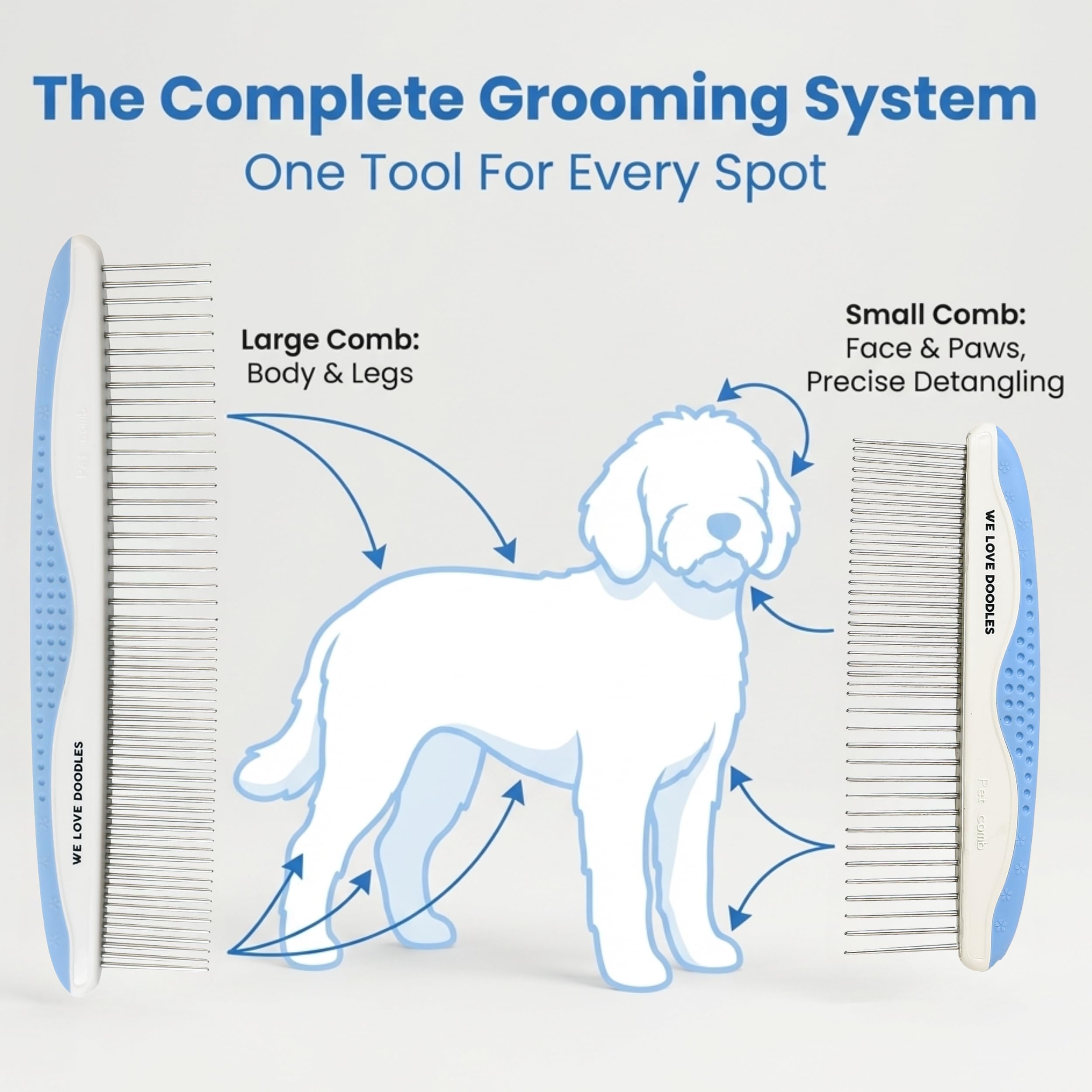 We Love Doodles gros plan des dents en acier inoxydable, démêlage efficace et doux