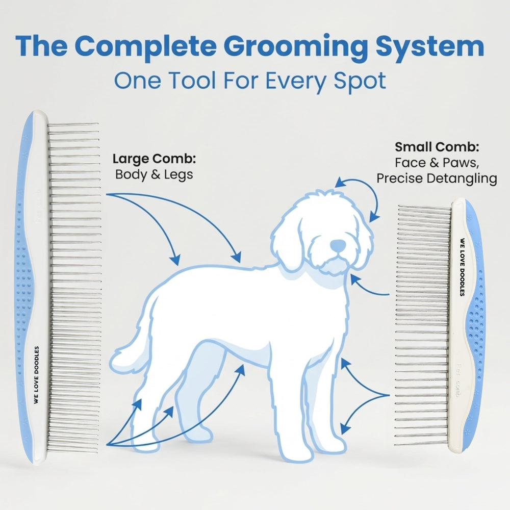We Love Doodles gros plan des dents en acier inoxydable, démêlage efficace et doux