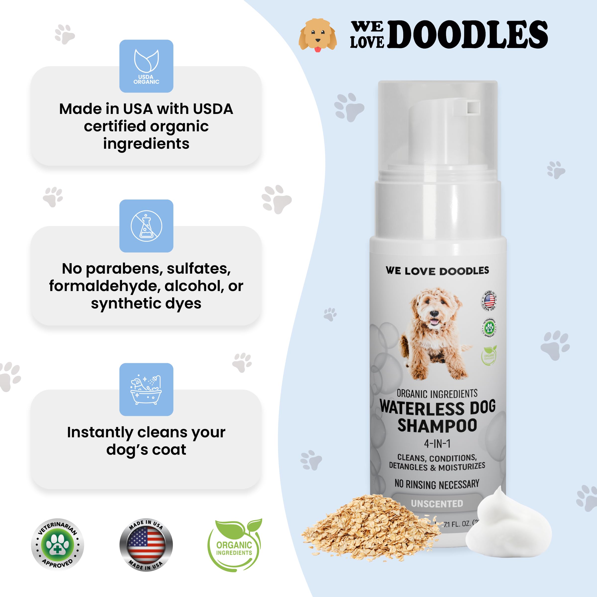 We Love Doodles mousse en gros plan illustrant texture légère et absorption rapide