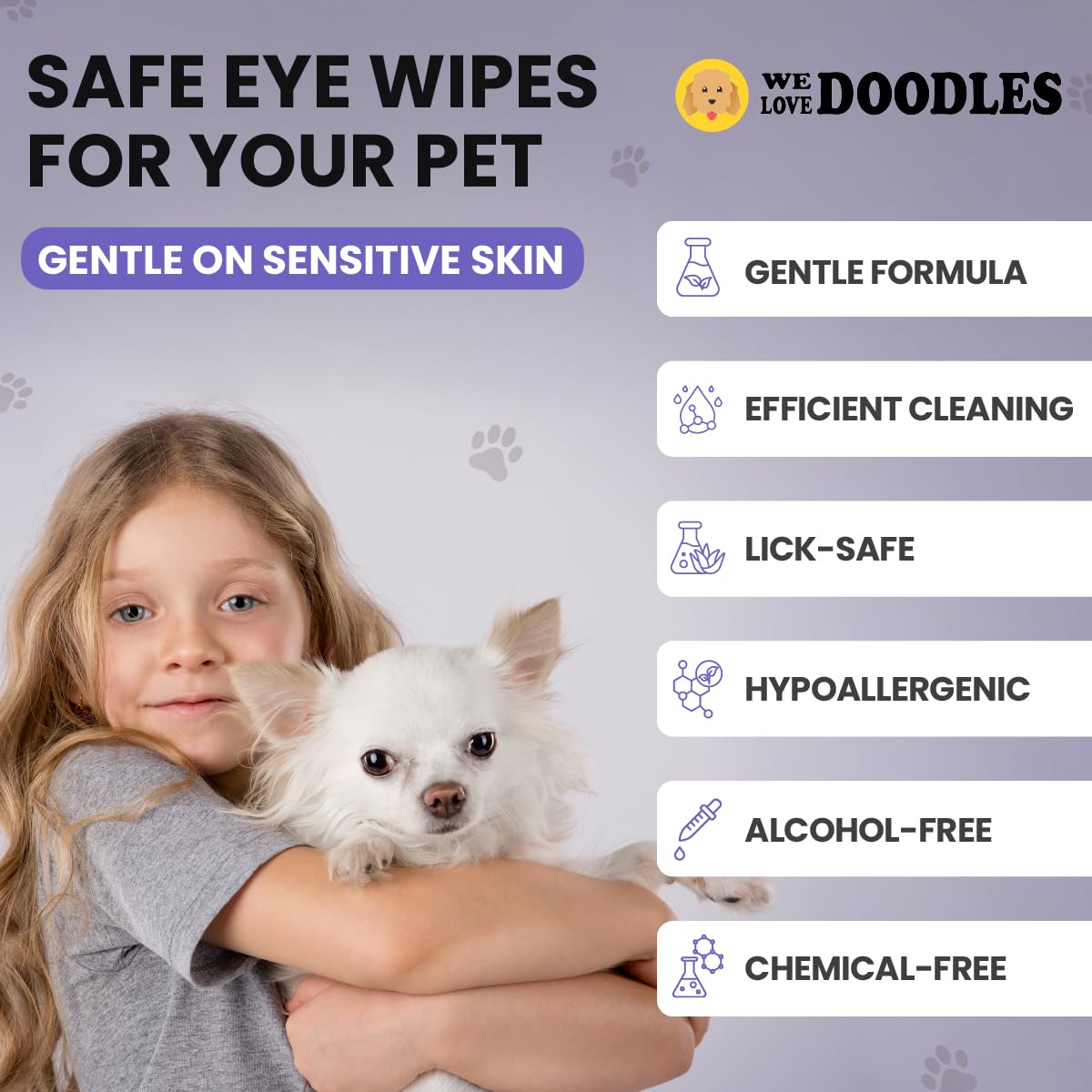 We Love Doodles gros plan sur texture du tampon, matériau doux pour peaux sensibles