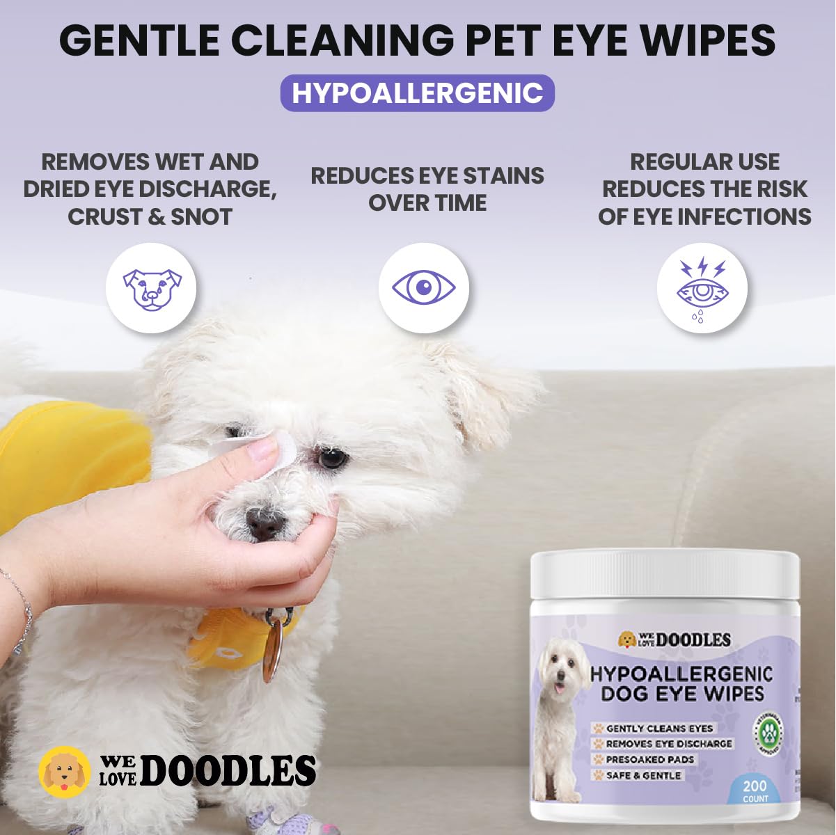 We Love Doodles lingette utilisée sur chien, nettoyage délicat et apaisant