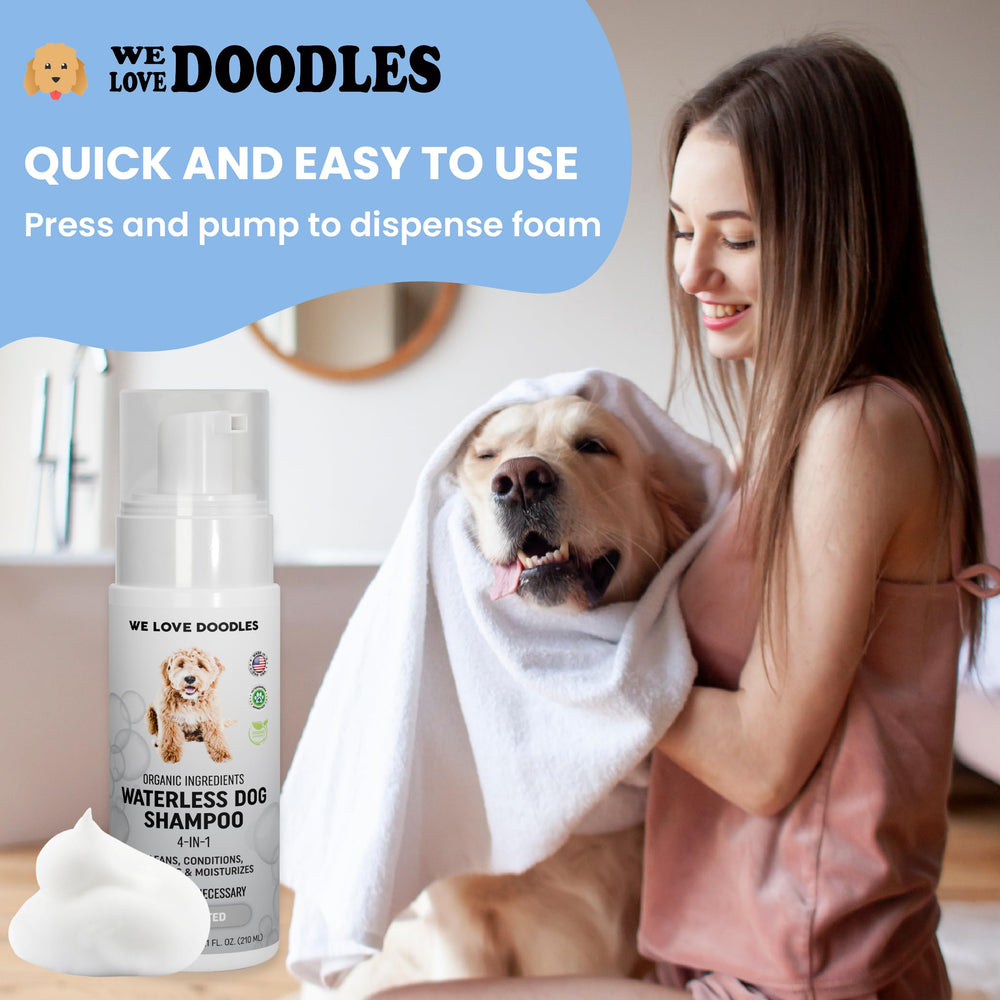 We Love Doodles application sur chien démontrant nettoyage sans eau et confort