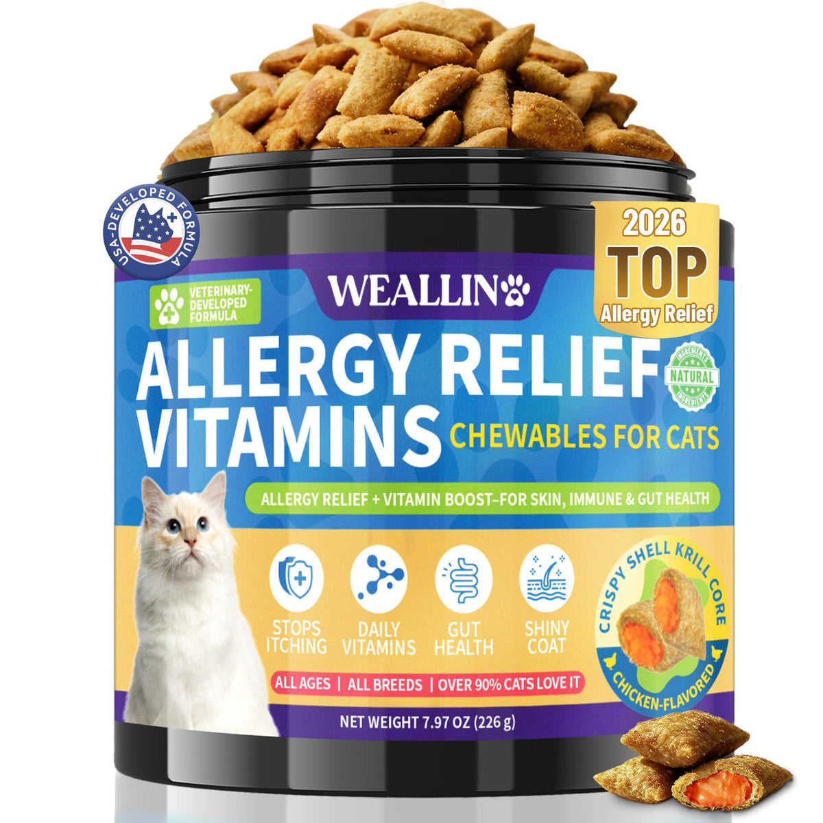 WEALLIN flacon de friandises anti‑allergies avec 500 unités et portion quotidienne