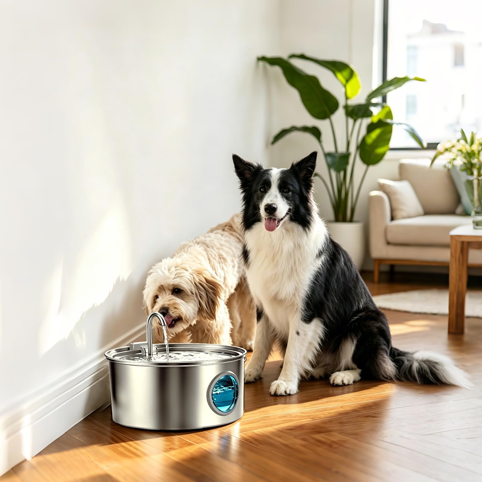 WECATION fontaine dans un salon illustrant usage domestique sûr et eau fraîche pour animaux
