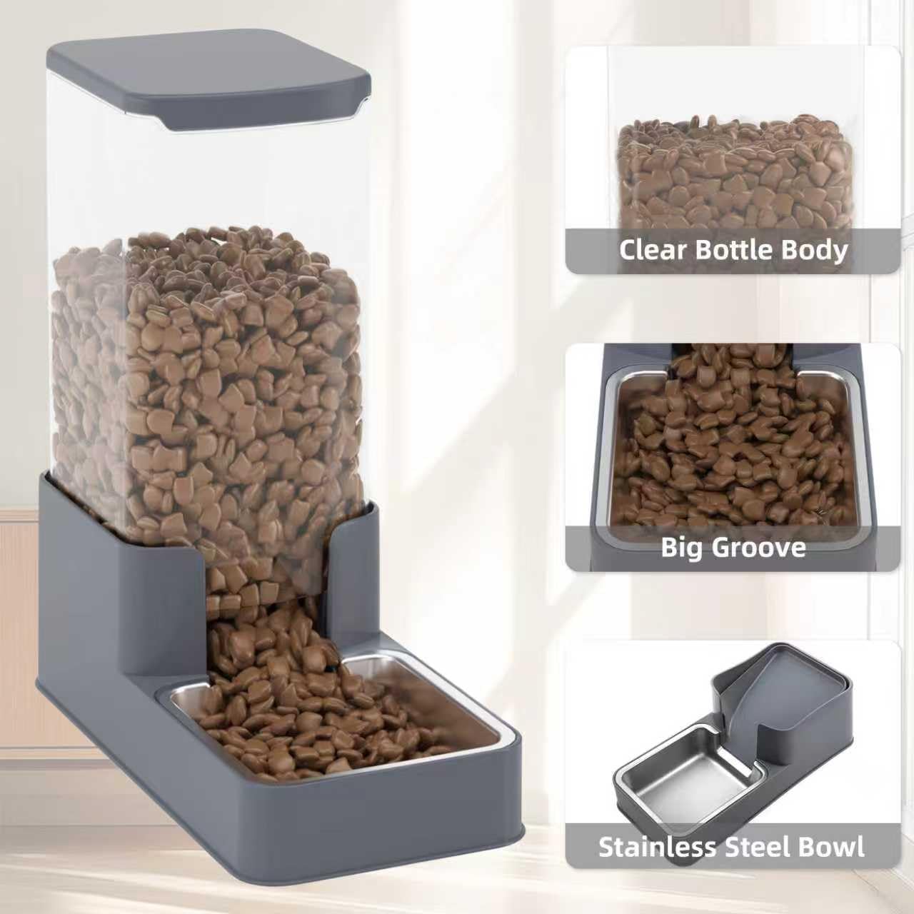Wefeedy distributeur de nourriture ouvert montrant la grande capacité