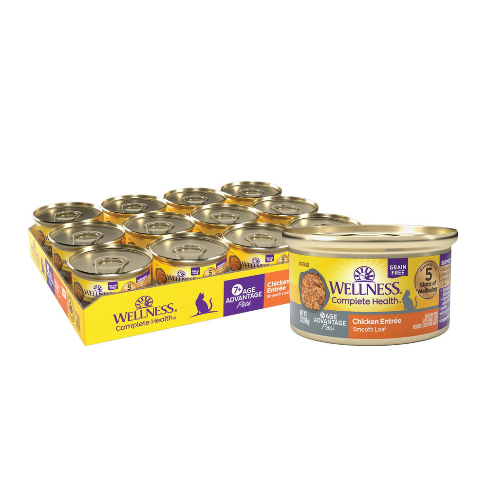Wellness boîte poulet Age Advantage montrant l'emballage et l'information produit bénéfice nutritionnel
