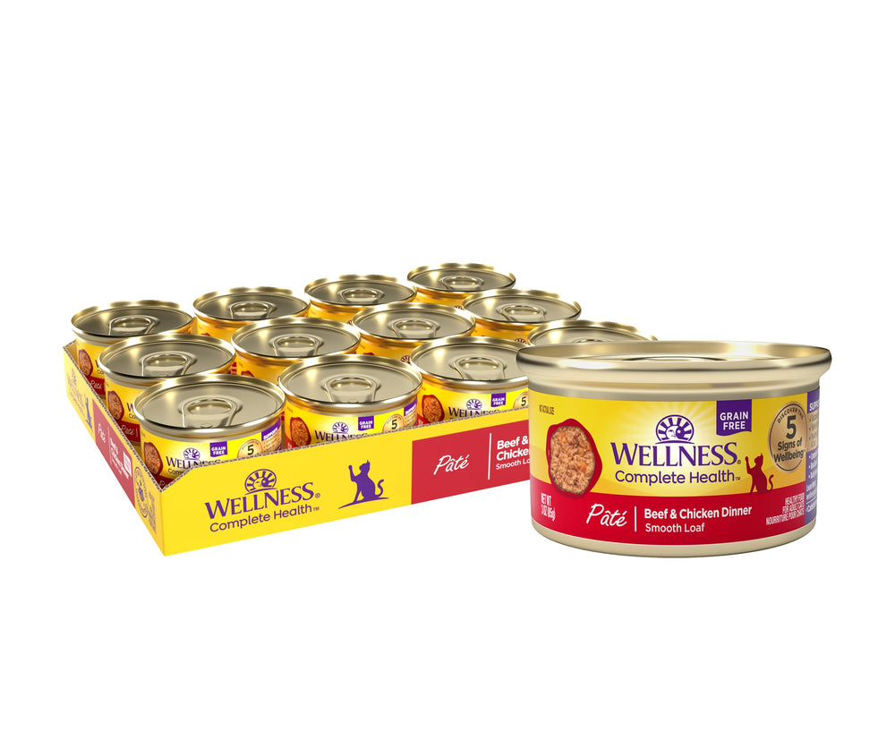 Wellness boîte face avant montrant recette boeuf et poulet, attrait gustatif