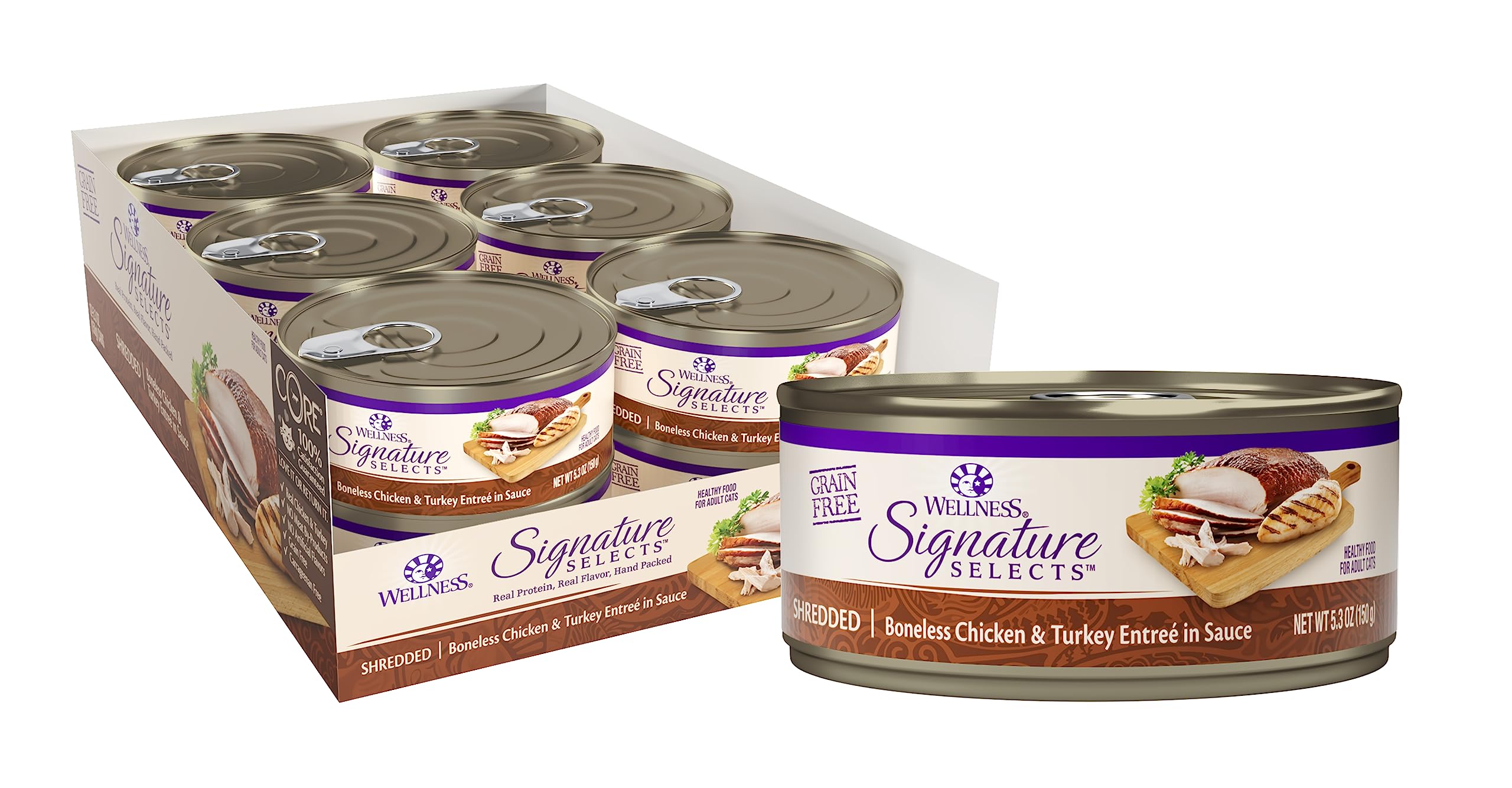 Wellness boîte face montrant recette poulet et dinde, attrait gourmand