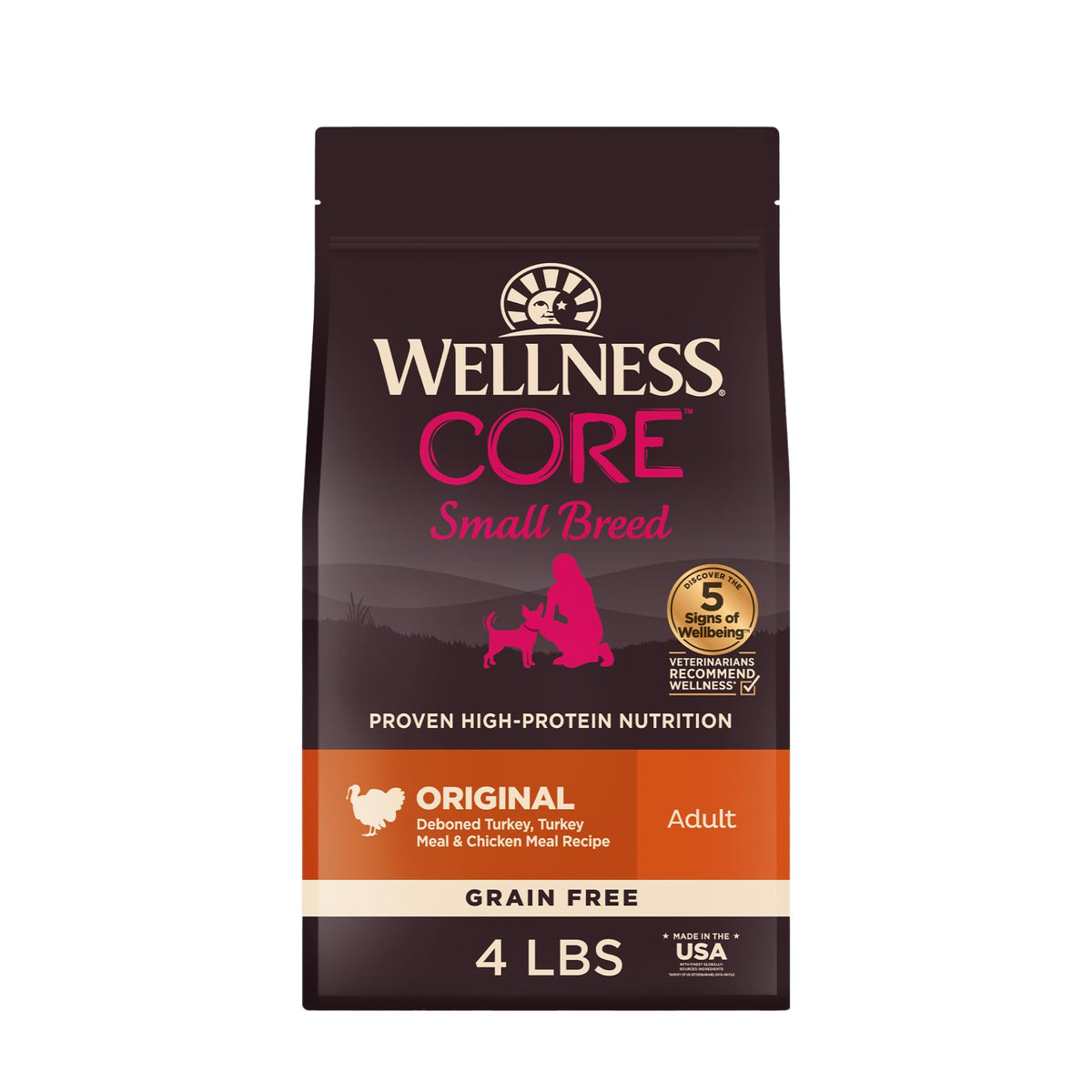 Wellness CORE emballage avant montrant recette dinde et poulet et bénéfice nutritionnel