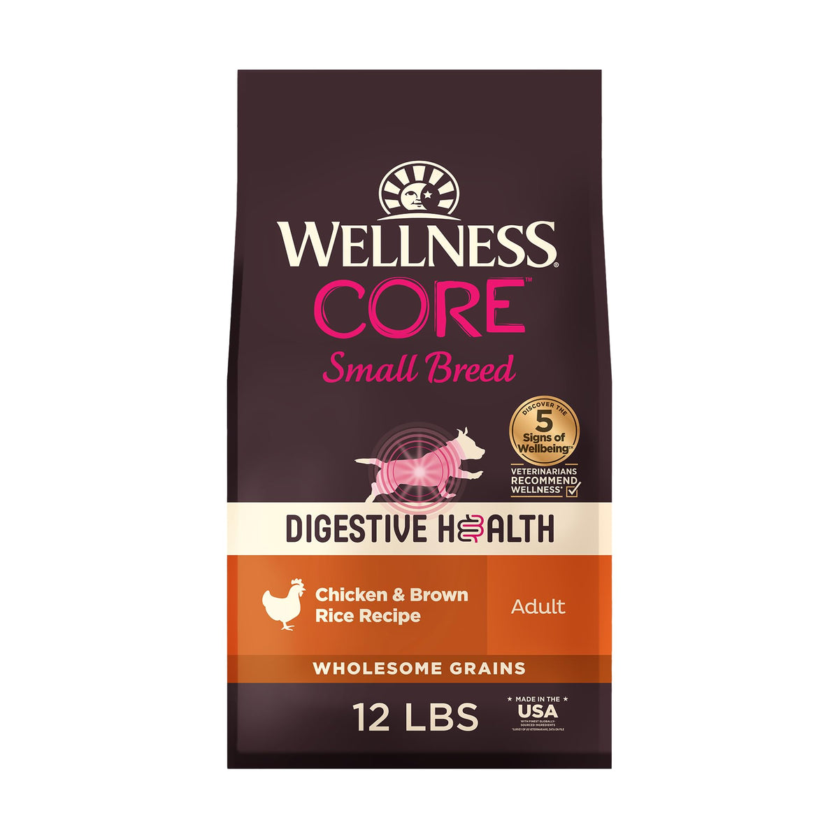 Wellness emballage frontal montrant la formule digestive pour petits chiens et informations claires