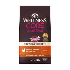 Wellness emballage frontal montrant la formule digestive pour petits chiens et informations claires