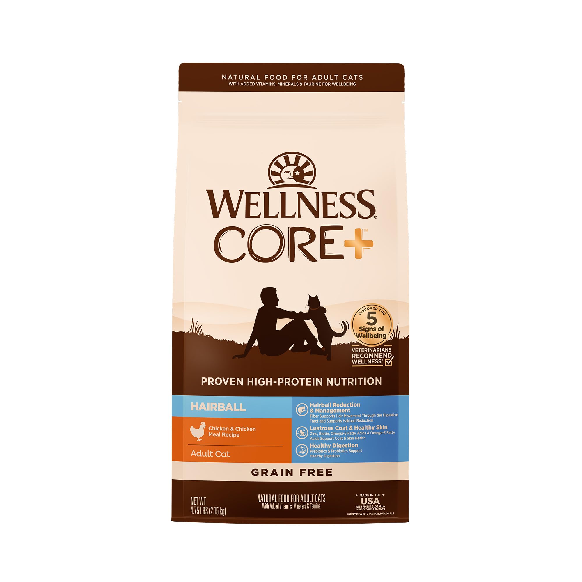 Wellness emballage avant montrant la recette Hairball et bénéfice contrôle des boules de poils