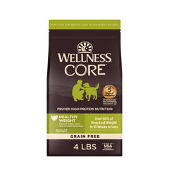 Wellness CORE sac avant montrant la recette dinde et poulet pour gestion du poids