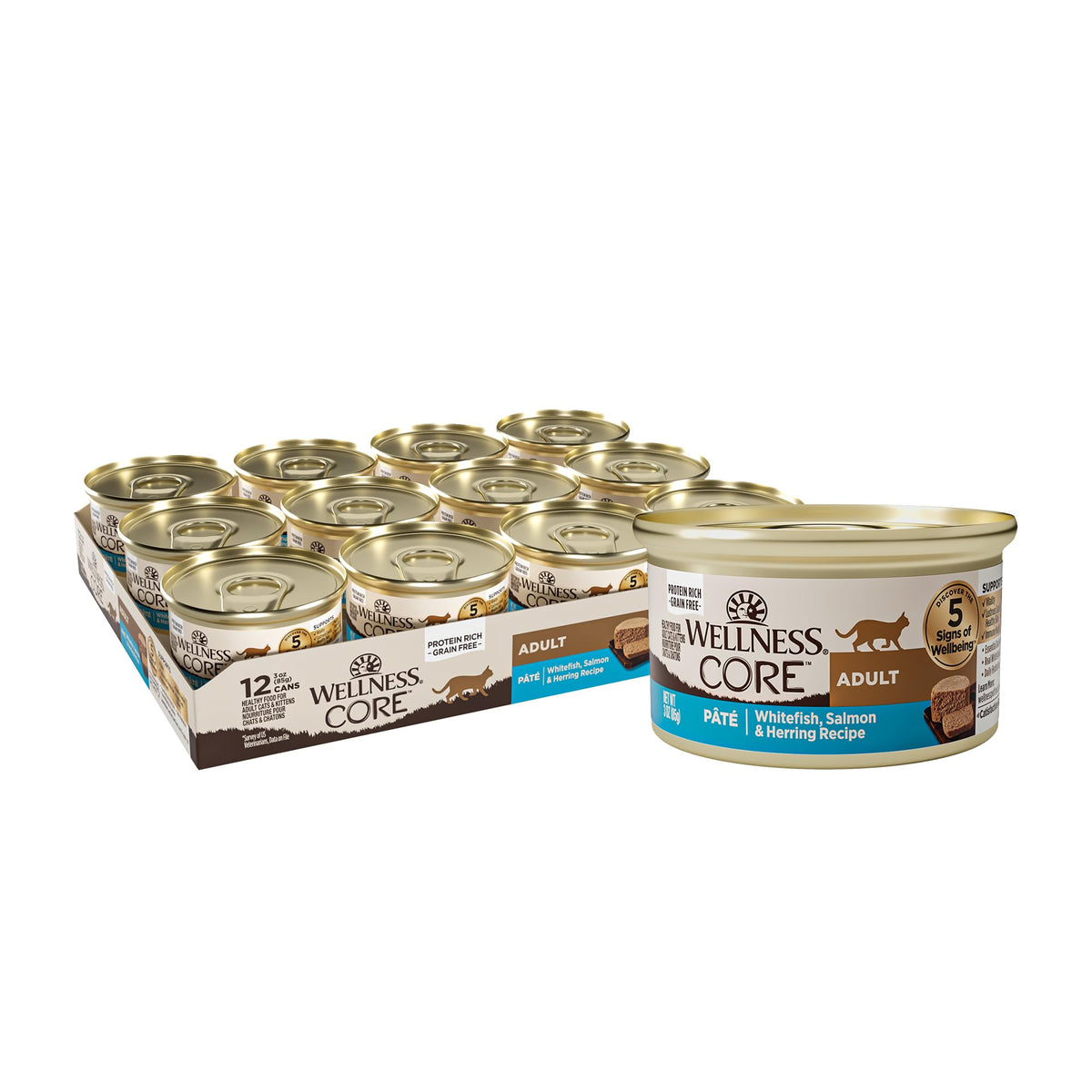 Wellness image boîte de pâté face montrant l'étiquette et bénéfice nutritionnel