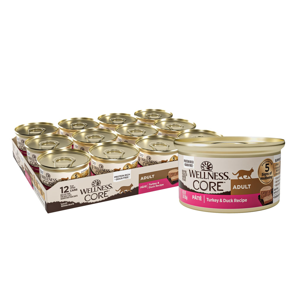 Wellness CORE pâté pack 12 boîtes montrant l'emballage, qualité et praticité
