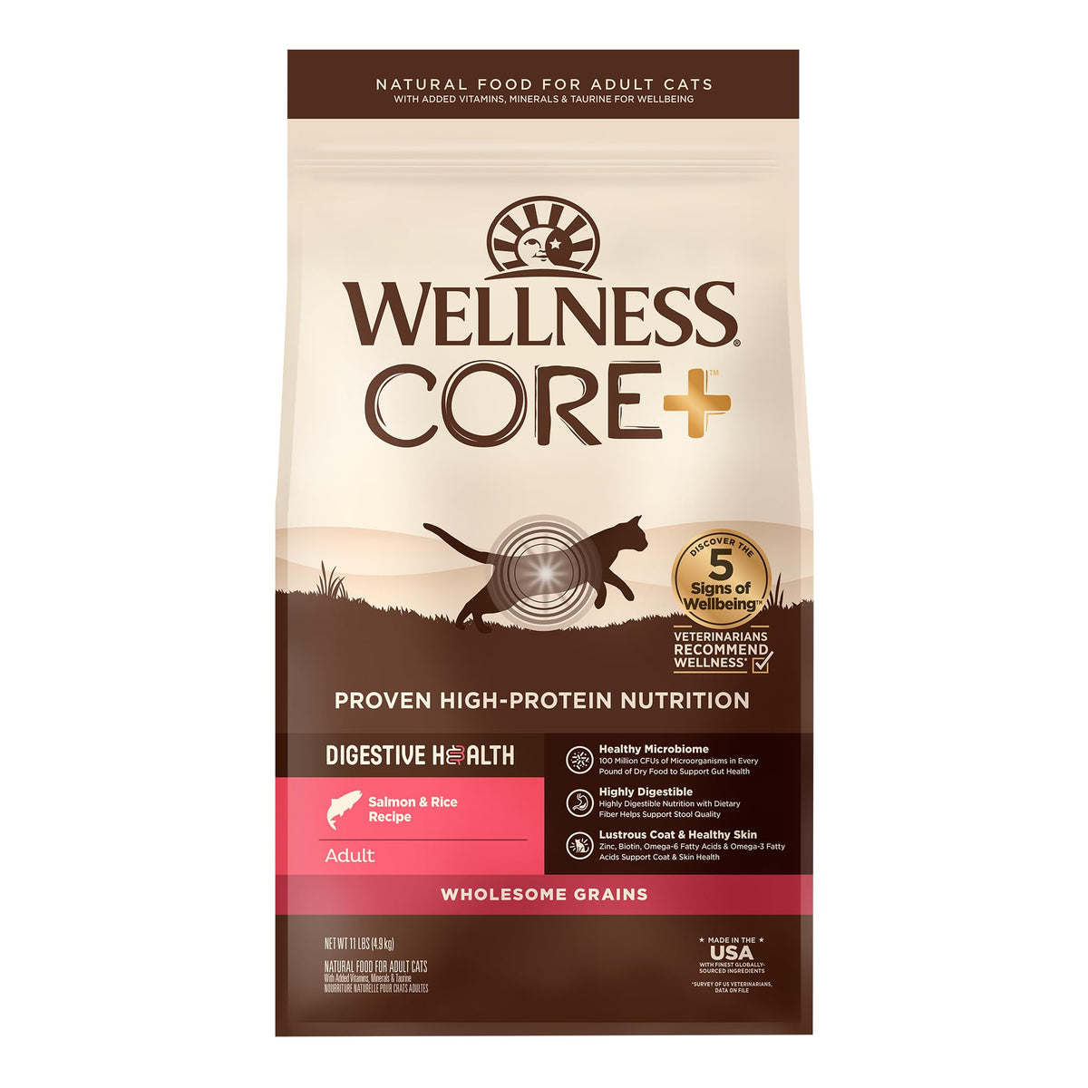 Wellness sac avant montrant la recette saumon et riz et bénéfice digestif
