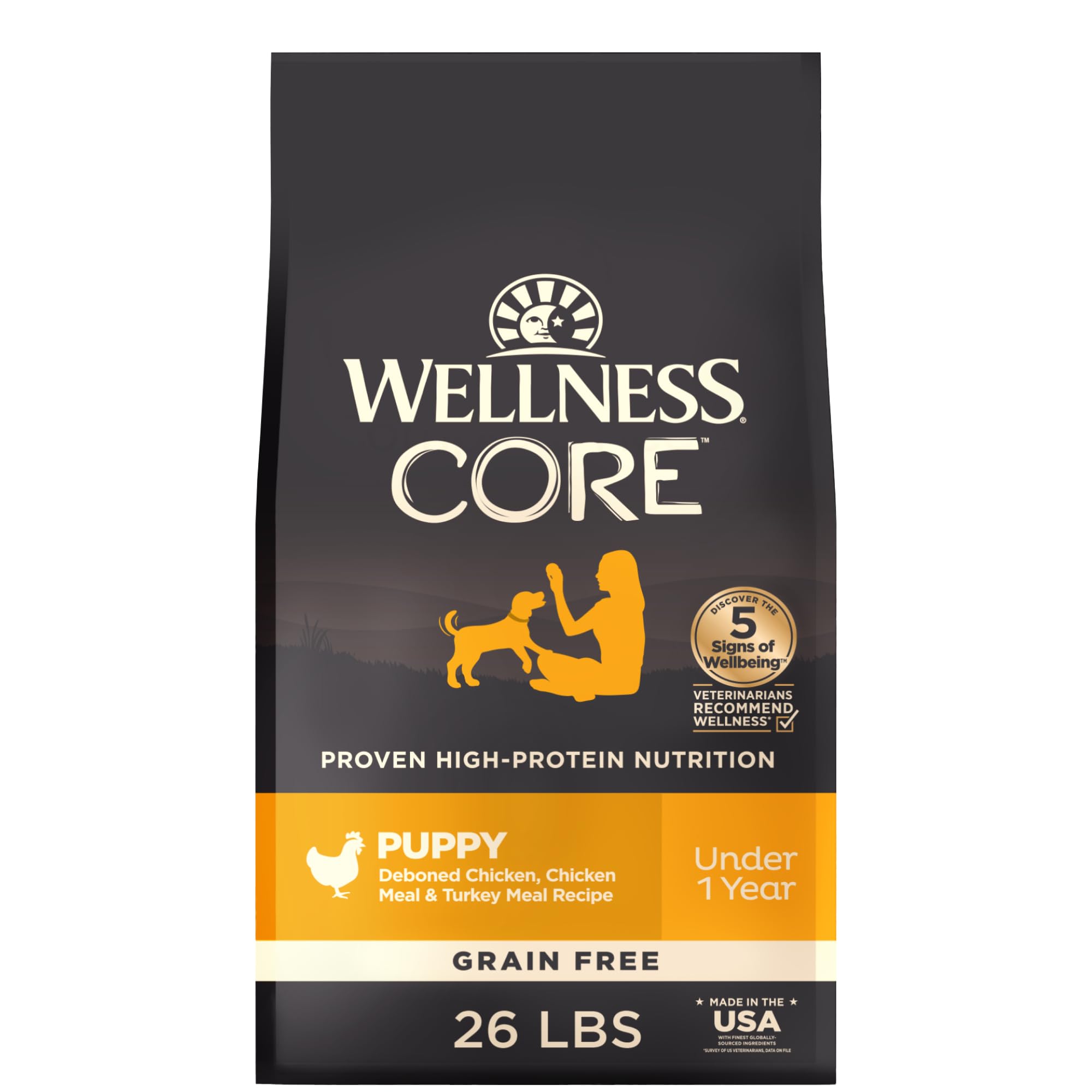 Wellness CORE Puppy emballage avant montrant la recette poulet et dinde, rassurant