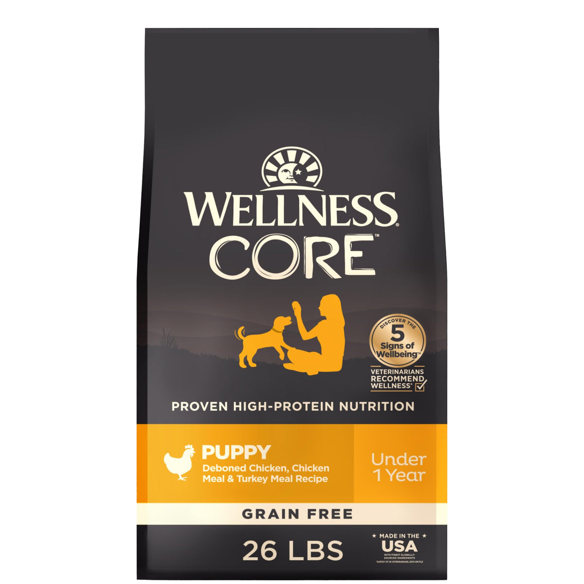 Wellness CORE Puppy emballage avant montrant la recette poulet et dinde, rassurant