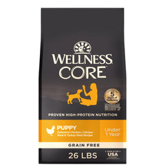 Wellness CORE Puppy emballage avant montrant la recette poulet et dinde, rassurant