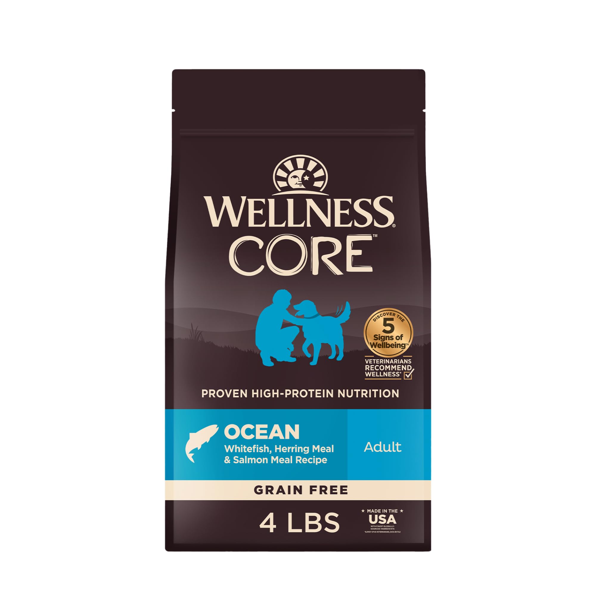 Wellness sac face avant montrant la recette poissons et bienfaits nutritionnels